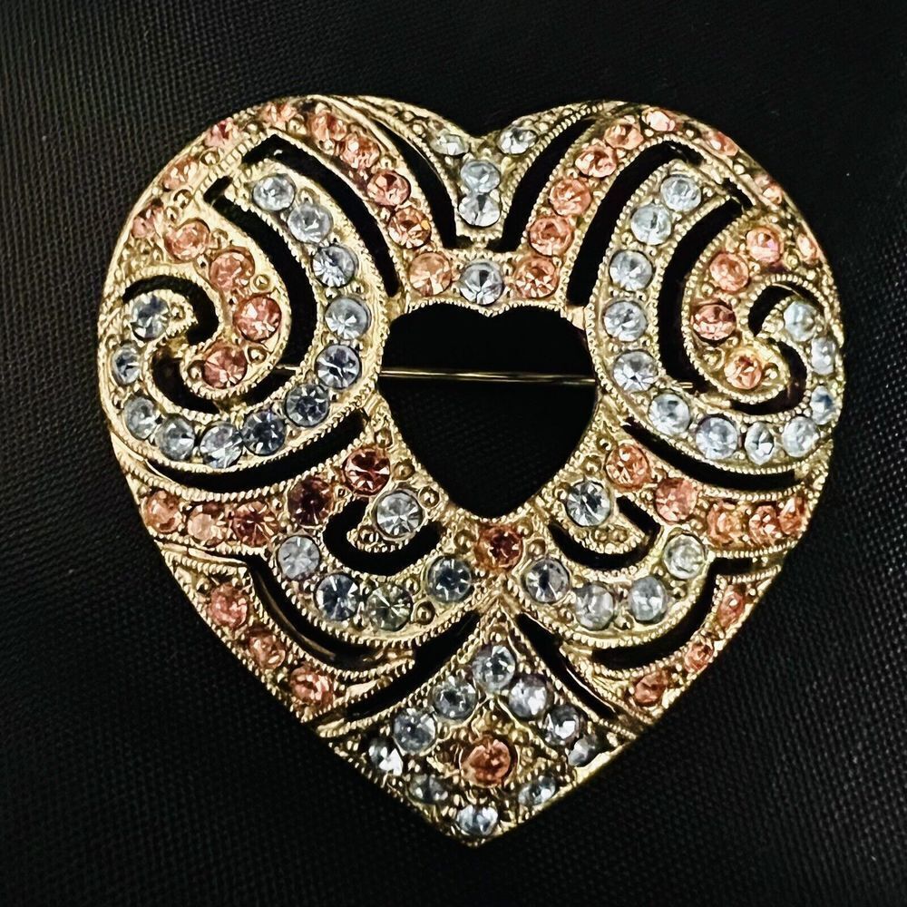 Vintage Pink Blue Rhinestone Heart Brooch Art Deco Style Silver Beautiful 4192